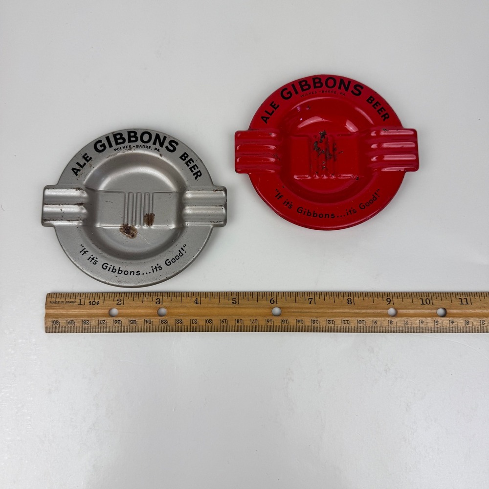 2 Vtg Ale Gibbons Beer Wilkes Barre PA Metal Ash Tray Red Silver Aged READ‎